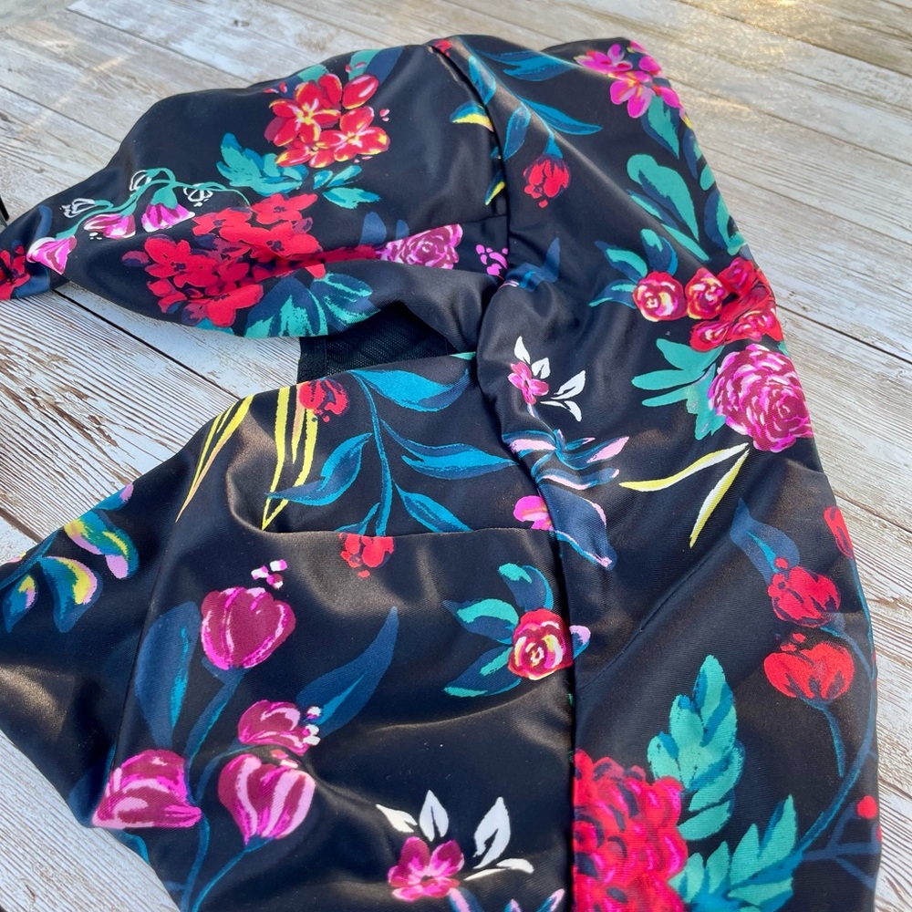 Satin and Fine Mesh Black Bralette Tropical Floral Print Longline Crop Small GUC - Picture 10 of 10